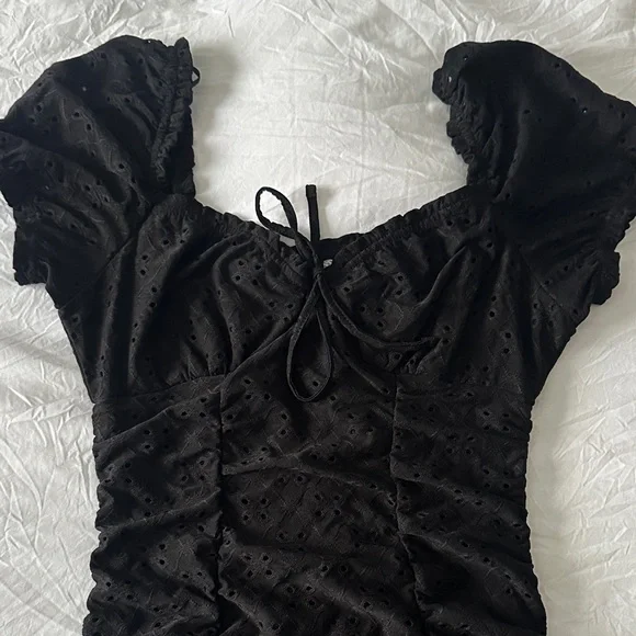 Black Eyelet Ruched Mini Dress - Picture 2 of 7